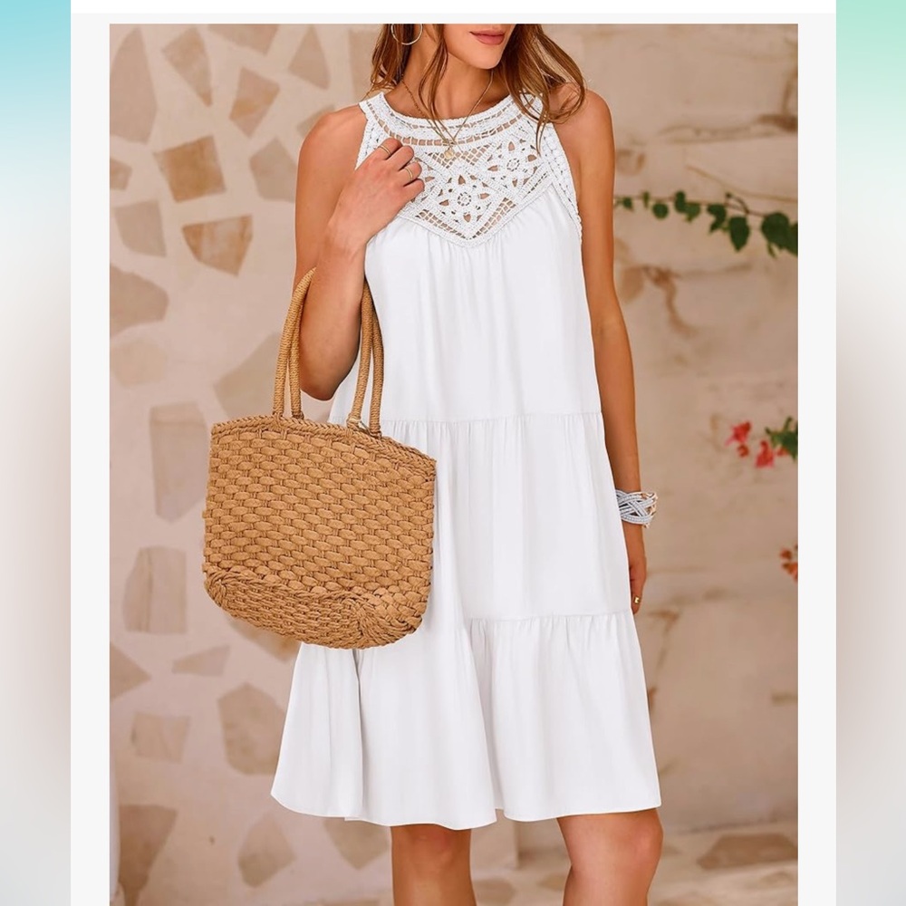 Btfbm  White Crochet Neckline Mini Dress